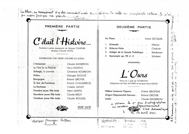 Programme de la soirée théâtrale du mois de mai 1951 dédicacé de la main des élèves-comédiens (page 1 et 2).